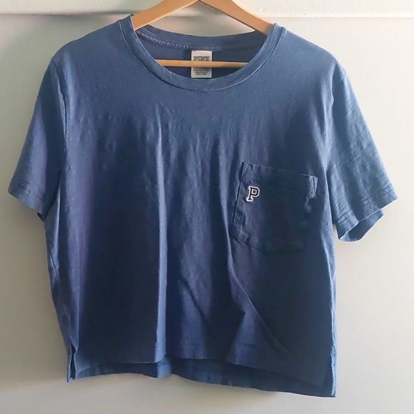 Victoria's Secret PINK Cropped pocket T-shirt Large Blue embroidery - Picture 1 of 5